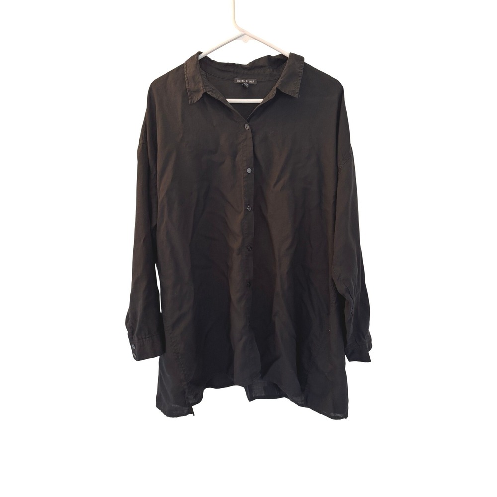 Eileen Fisher Black 100% Tencel Lyocell Button Down Shirt XL Long‎ Sleeve
